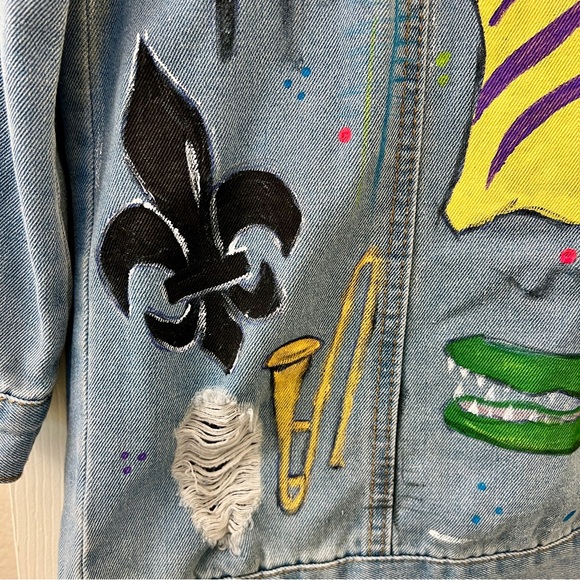Hand Painted Louisiana Couture Denim Jacket Mardi Gras Ready! - Picture 5 of 12